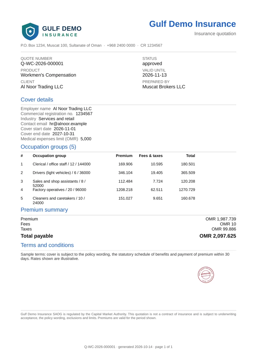 A branded quote document with logo, schedule, totals and an official stamp